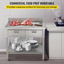 Load image into Gallery viewer, Commercial Work Table Workstation 24 x 42 Inches Commercial Food Prep Work Table with 2 Drawers. Undershelf and Backsplash. 992 lbs Load Stainless-Steel Kitchen Island for Restaurant. Home and Hotel