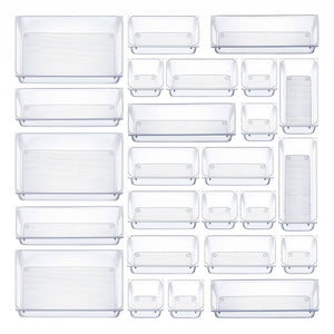 Seseno 25 Pcs Drawer Organizer Set Dresser Desk Drawer Dividers - 4 Size Bathroom Vanity Cosmetic Makeup Trays - Multipurpose Clear Plastic Storage