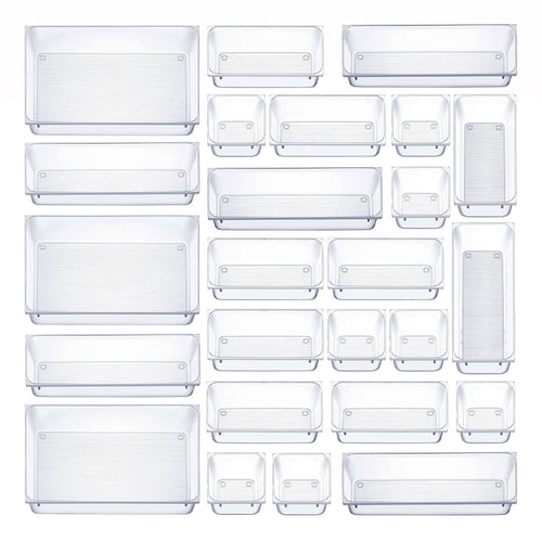 Seseno 25 Pcs Drawer Organizer Set Dresser Desk Drawer Dividers - 4 Size Bathroom Vanity Cosmetic Makeup Trays - Multipurpose Clear Plastic Storage
